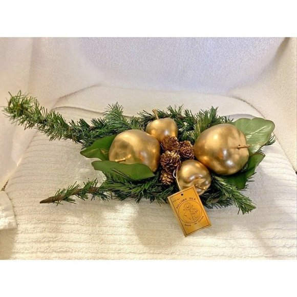 VINTAGE SULLIVAN SILK CHRISTMAS CENTERPIECE GOLD APPLES & PINE CONES 15"x8" NWT - Picture 2 of 5